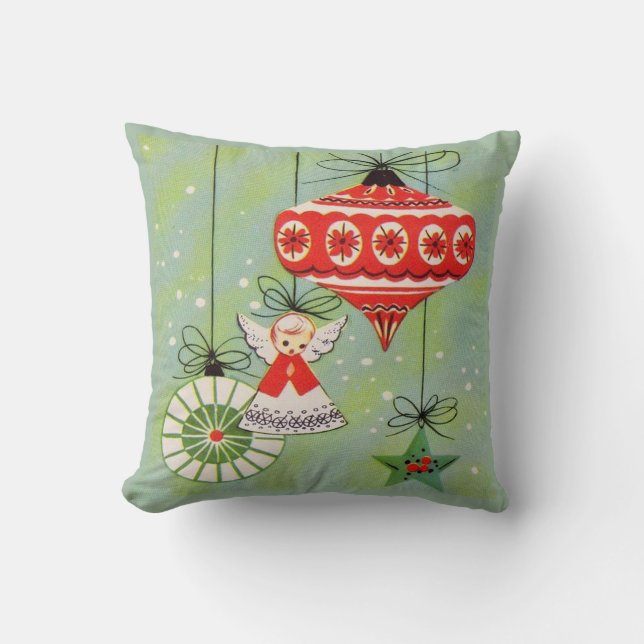 Vintage Retro Christmas Angel Ornaments Green Cushion (Front)