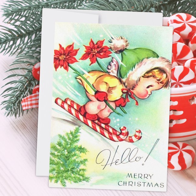 Vintage Retro Christmas Angel Skiing  Holiday Card (Creator Uploaded)