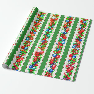 Vintage Retro Christmas Bauble Garland Stripe Wrapping Paper
