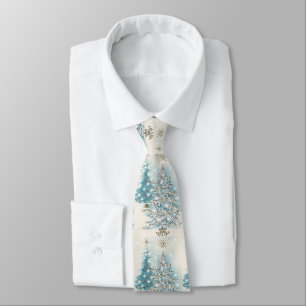 Vintage Retro Christmas Blue Silver Trees   Tie