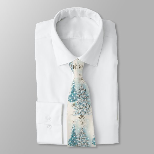 Vintage Retro Christmas Blue Silver Trees   Tie (Tied)