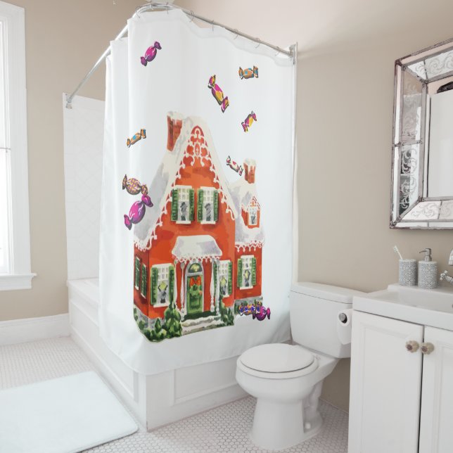 vintage retro christmas candy gingerbread house shower curtain (In Situ)