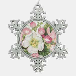 Vintage Retro Christmas Card, Apple Blossoms Snowflake Pewter Christmas Ornament