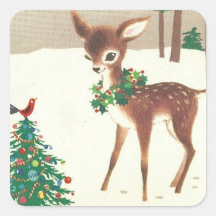 Vintage Retro Christmas Deer With Bird Square Sticker