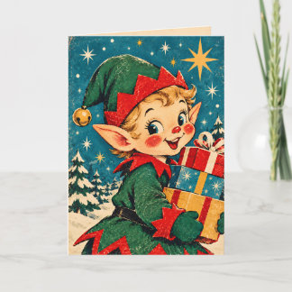 Vintage Retro Christmas Elf Holiday Greeting Card