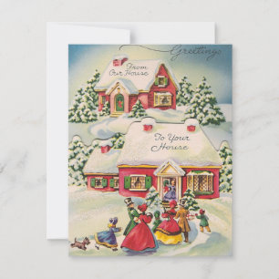 Vintage Retro Christmas Family Gathering Holiday C Card