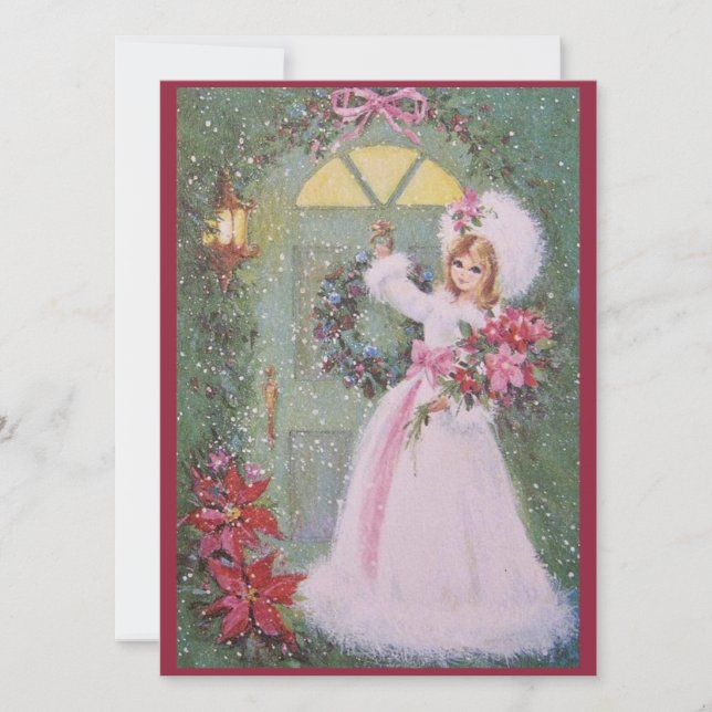 Vintage Retro Christmas Girl With Poinsettias Holiday Card (Front)