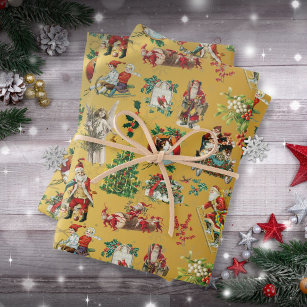 Vintage Retro Christmas Holiday Pattern Gold Wrapping Paper Sheet