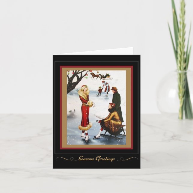 Vintage Retro Christmas Ice Skating 1920s Card  (Front)