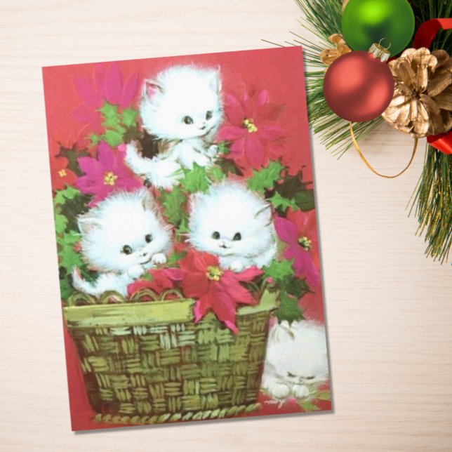 Vintage Retro Christmas Kittens in Basket Holiday Card (Creator Uploaded)