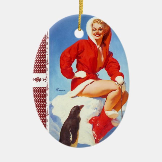 Vintage Retro Christmas Pin Girl Ceramic Ornament (Front)