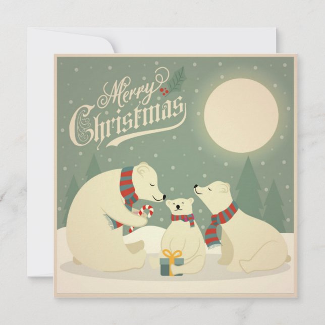Vintage Retro Christmas Polar Bear Family Holiday Card (Front)