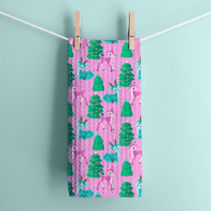 Vintage Retro Christmas Reindeer on Pink Tea Towel