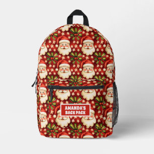 Vintage Retro Christmas Santa Claus and Bows Printed Backpack