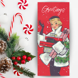 Vintage Retro Christmas Shopping Lady Custom Holiday Card