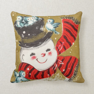 Vintage Retro Christmas Snowman And Birds Cushion