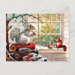 Vintage retro Christmas squirrels Holiday postcard