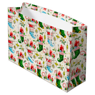 Vintage Retro Christmas Stockings Large Gift Bag