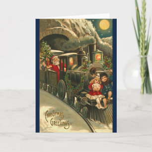 Vintage Retro Christmas Train Art Holiday Card