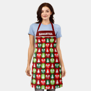 vintage Retro Christmas Trees and Bows Pattern  Apron