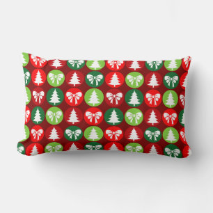 vintage Retro Christmas Trees and Bows Pattern Lumbar Cushion