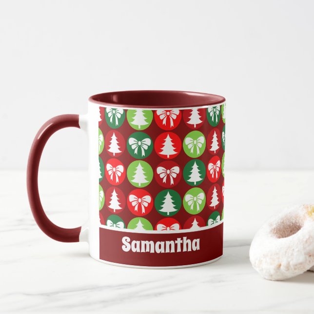 vintage Retro Christmas Trees and Bows Pattern Mug (With Donut)