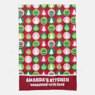 vintage Retro Christmas Trees and Ornaments Tea Towel
