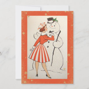 Vintage Retro Christmas Woman Snowman Holiday Card