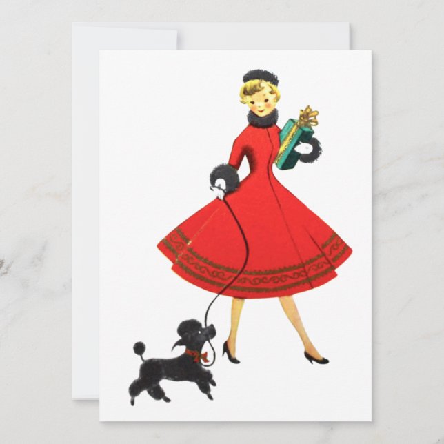 Vintage Retro Christmas Woman with Poodle Holiday Card (Front)