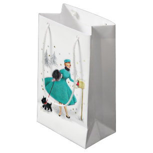 Vintage Retro Christmas Woman with Scotty Dog Small Gift Bag