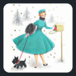 Vintage Retro Christmas Woman with Scotty Dog Square Sticker<br><div class="desc">Vintage Retro Christmas Woman with a Scotty Dog Holiday Stickers. This would be cute for sticking onto your holiday card envelopes for seals to send out to your friends and family for the holiday season. Also perfect for crafts,  collectables,  gift packaging and more.</div>