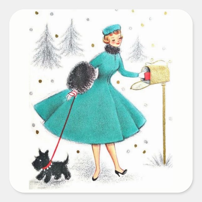 Vintage Retro Christmas Woman with Scotty Dog Square Sticker (Front)