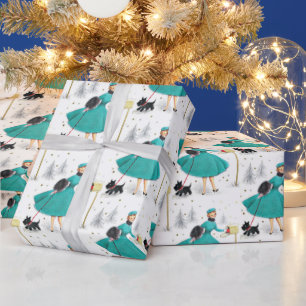 Vintage Retro Christmas Woman with Scotty Dog Wrapping Paper