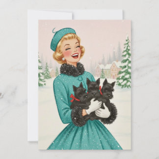 Vintage Retro Christmas Woman With Scotty Dogs Holiday Card
