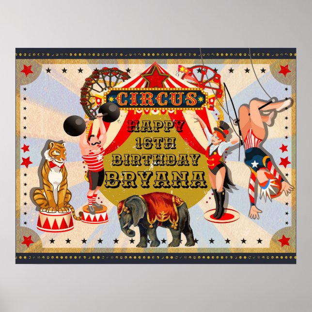 Vintage Retro Circus Birthday Party Custom Banner Poster (Front)