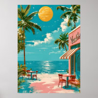 Vintage Retro Coastal Beach Café Wall Art Poster