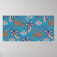 vintage retro colour tiger, palm tree, flower seam