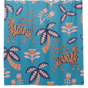 vintage retro colour tiger, palm tree, flower seam shower curtain