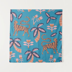 vintage retro colour tiger, palm tree, flower seam tapestry