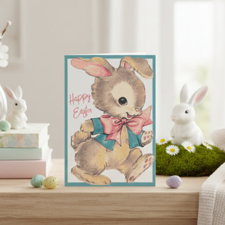 Vintage Retro Cute Easter Bunny Custom Holiday Card