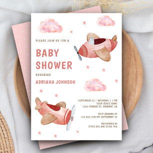 Vintage Retro Cute Pink Aeroplanes Girl Baby Showe Invitation
