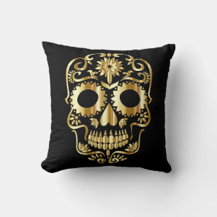 Vintage Retro Decorative Sugar Skull Gold Shiny Cushion