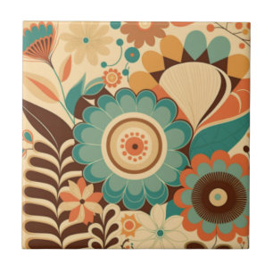 Vintage retro design floral brown beize green ceramic tile