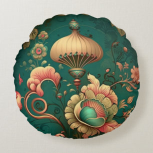 Vintage retro design floral green round cushion