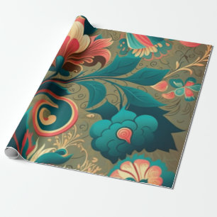 Vintage retro design floral green wrapping paper