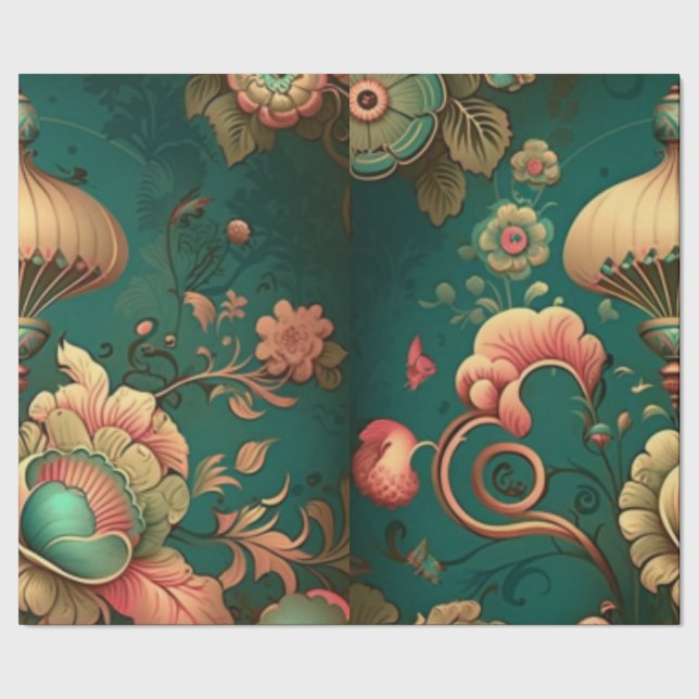 Vintage retro design floral green wrapping paper (Seam)