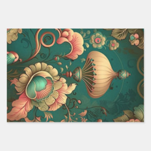 Vintage retro design floral green wrapping paper sheet