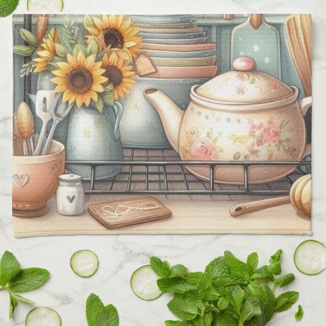 Vintage Retro Dishes Teapot Print  Tea Towel (Folded)