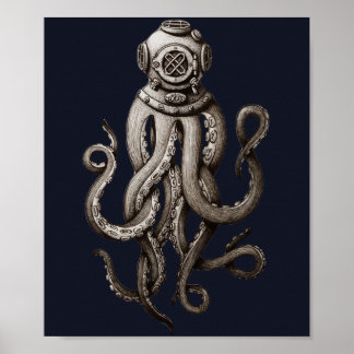 Vintage Retro Diving Suit Octopus Graphic Design Poster