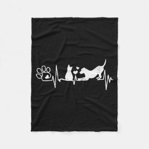 Vintage Retro Dog And Cat Heartbeat Funny  Fleece Blanket